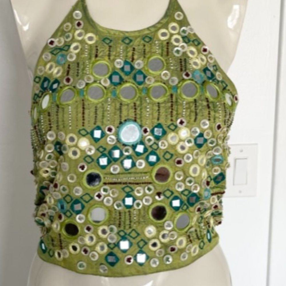 Very sexy silk halter open back wrap blouse with appliques, sz S/M.